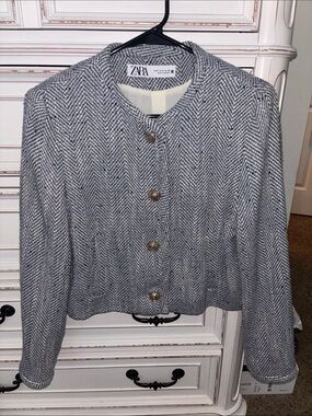 Zara Blue and White Herringbone Collarless Blazer